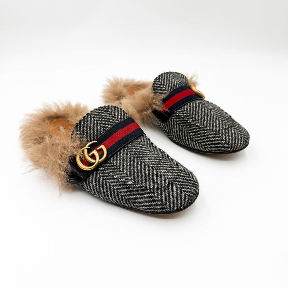 Gucci Princetown Herringbone Fur Mules GG Web Stripe Horsebit Loafers 7.5